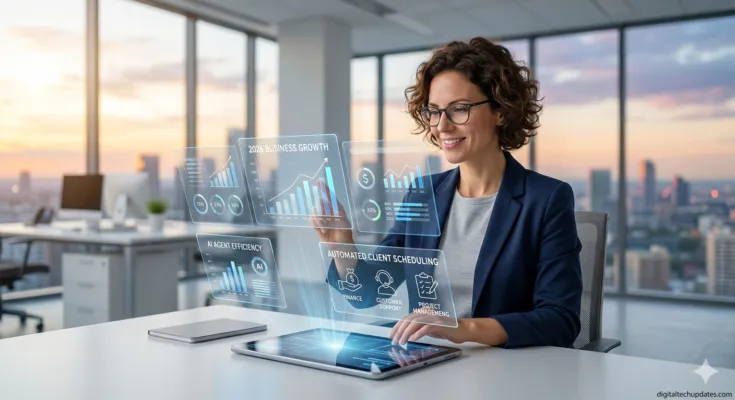 A business professional in a modern office interacting with holographic data displays showing 2026 growth metrics and AI agent efficiency, with a digitaltechupdates.com watermark in the corner.