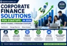 Corporate finance solutions for startups 2026 infographic showing funding, cash flow management, fintech tools, and investment strategies