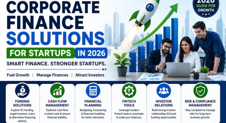 Corporate finance solutions for startups 2026 infographic showing funding, cash flow management, fintech tools, and investment strategies