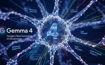 A futuristic digital illustration of Google's Gemma 4 AI. At the center is a translucent, glowing number 4 surrounded by a complex, illuminated neural network of nodes and lines. To the left, text reads 