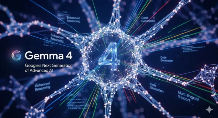 A futuristic digital illustration of Google's Gemma 4 AI. At the center is a translucent, glowing number 4 surrounded by a complex, illuminated neural network of nodes and lines. To the left, text reads 