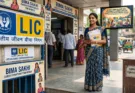 A professional Indian woman in a blue saree holding LIC documents standing in front of an LIC branch office with Bima Sakhi recruitment posters.