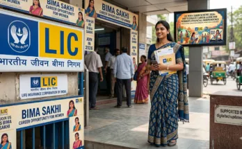 A professional Indian woman in a blue saree holding LIC documents standing in front of an LIC branch office with Bima Sakhi recruitment posters.