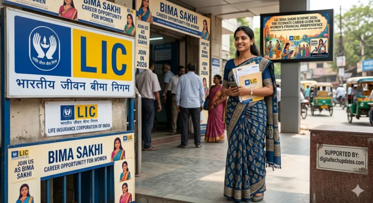 A professional Indian woman in a blue saree holding LIC documents standing in front of an LIC branch office with Bima Sakhi recruitment posters.