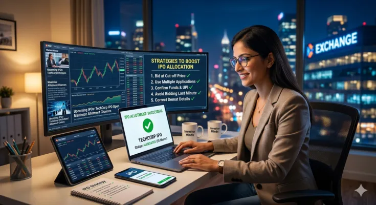 A smiling investor at her multi-monitor setup. On screen: 