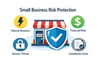 A diverse professional team in a modern office analyzing a laptop screen showing proactive risk management strategies and growth charts for a small business.