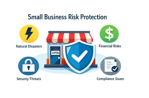 A diverse professional team in a modern office analyzing a laptop screen showing proactive risk management strategies and growth charts for a small business.