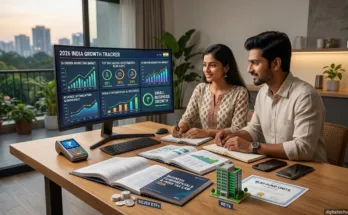 A digital tablet on a desk showing a 2026 tax-saving dashboard with icons for ELSS, NPS, and Insurance, representing investment options in India to reduce tax liability.