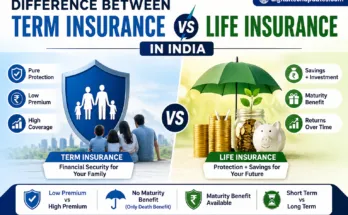Difference between term insurance and life insurance in India infographic showing premium, coverage, and benefits comparison