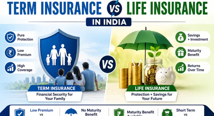 Difference between term insurance and life insurance in India infographic showing premium, coverage, and benefits comparison