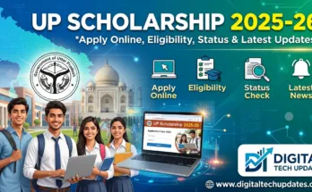 Infographic for UP Scholarship 2025-26 featuring students, eligibility icons, and the digitaltechupdates.com branding.