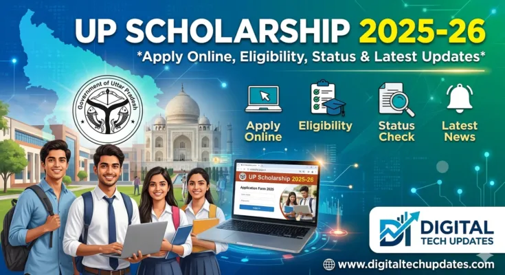 Infographic for UP Scholarship 2025-26 featuring students, eligibility icons, and the digitaltechupdates.com branding.