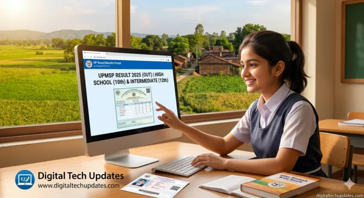 A happy Indian student checking UP Board Result 2025 on a computer screen with Digital Tech Updates branding.
