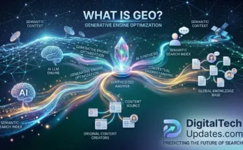 An advanced infographic for DigitalTechUpdates.com illustrating Generative Engine Optimization (GEO) in 2026, showing a central 