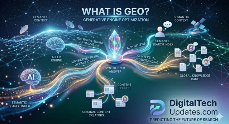 An advanced infographic for DigitalTechUpdates.com illustrating Generative Engine Optimization (GEO) in 2026, showing a central 