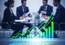 A digital financial growth chart and upward arrows overlaid on a modern corporate office setting representing business finance solutions.