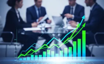 A digital financial growth chart and upward arrows overlaid on a modern corporate office setting representing business finance solutions.