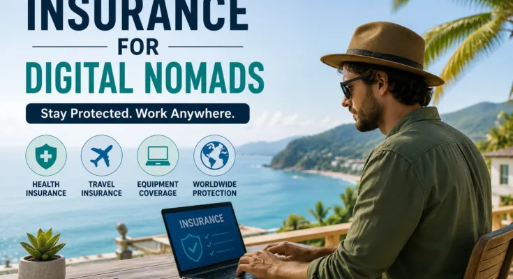Simple featured image showing insurance for digital nomads with laptop, passport, travel icons, and tropical workspace background.