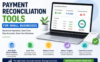 Payment reconciliation tools for small businesses infographic showing automation, error reduction, and cash flow management