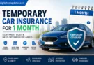 Temporary car insurance for 1 month featured image showing a blue car, insurance shield, and short-term coverage benefits with DigitalTechUpdates branding.