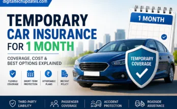 Temporary car insurance for 1 month featured image showing a blue car, insurance shield, and short-term coverage benefits with DigitalTechUpdates branding.