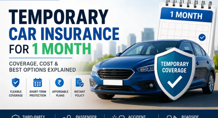Temporary car insurance for 1 month featured image showing a blue car, insurance shield, and short-term coverage benefits with DigitalTechUpdates branding.