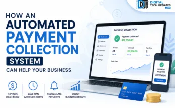 Automated payment collection system dashboard showing digital invoices, payment reminders, cash flow analytics, and business growth metrics.