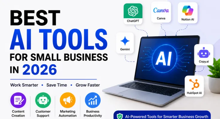 Best AI tools for small business in 2026 featured image showing AI-powered business software, automation tools, productivity solutions, and digital growth technologies.