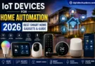 IoT Devices for Home Automation 2026 featuring smart lights, smart lock, security camera, thermostat, and voice assistant in a connected smart home.