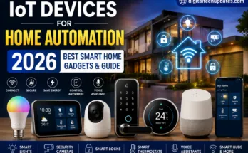 IoT Devices for Home Automation 2026 featuring smart lights, smart lock, security camera, thermostat, and voice assistant in a connected smart home.