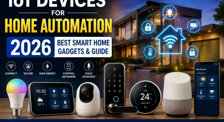 IoT Devices for Home Automation 2026 featuring smart lights, smart lock, security camera, thermostat, and voice assistant in a connected smart home.
