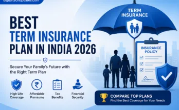Best Term Insurance Plan in India 2026 featured image showing family protection, insurance policy, shield icon, and financial security benefits.
