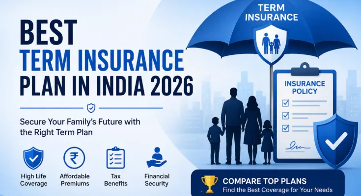 Best Term Insurance Plan in India 2026 featured image showing family protection, insurance policy, shield icon, and financial security benefits.
