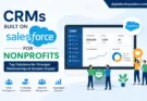 CRMs Built on Salesforce for Nonprofits featured image showing a Salesforce-powered nonprofit CRM dashboard with donor management, fundraising automation, volunteer tracking, and analytics tools.
