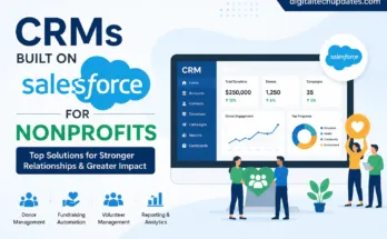 CRMs Built on Salesforce for Nonprofits featured image showing a Salesforce-powered nonprofit CRM dashboard with donor management, fundraising automation, volunteer tracking, and analytics tools.