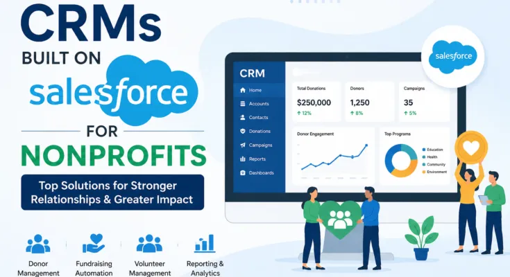 CRMs Built on Salesforce for Nonprofits featured image showing a Salesforce-powered nonprofit CRM dashboard with donor management, fundraising automation, volunteer tracking, and analytics tools.
