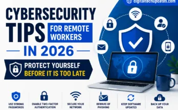 Cybersecurity Tips for Remote Workers in 2026 featuring secure remote work, laptop security, VPN, phishing protection, strong passwords, and two-factor authentication.