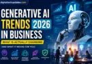 Generative AI Trends in Business 2026 featured image showing an AI robot, business professionals, and futuristic digital technology with automation, analytics, and AI innovation.