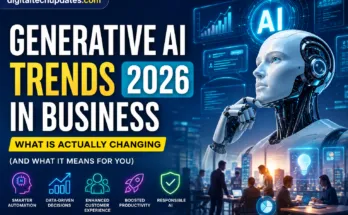 Generative AI Trends in Business 2026 featured image showing an AI robot, business professionals, and futuristic digital technology with automation, analytics, and AI innovation.
