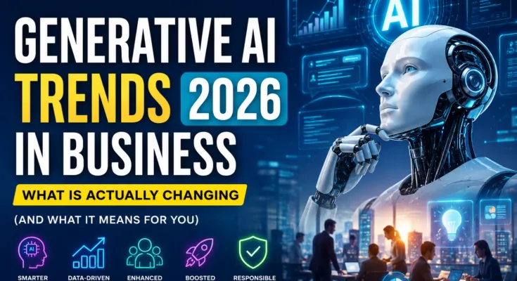 Generative AI Trends in Business 2026 featured image showing an AI robot, business professionals, and futuristic digital technology with automation, analytics, and AI innovation.