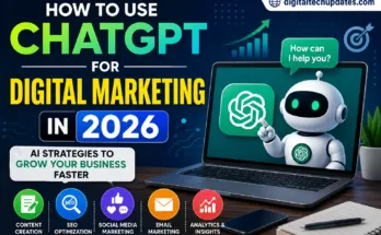 How to Use ChatGPT for Digital Marketing in 2026 featured image with AI robot, SEO, content marketing, social media, email marketing, and analytics.
