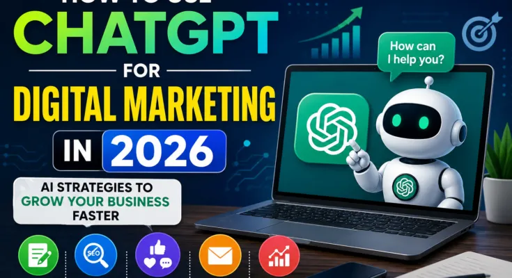 How to Use ChatGPT for Digital Marketing in 2026 featured image with AI robot, SEO, content marketing, social media, email marketing, and analytics.