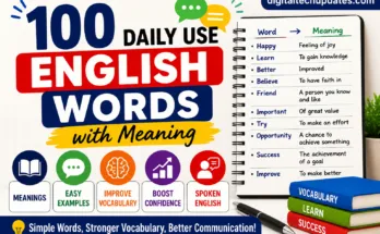 100 daily use English words with meaning infographic for beginners featuring vocabulary words, meanings, and spoken English learning tips