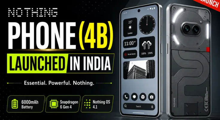 Nothing Phone (4B) Launched in India featured image showing transparent design, Snapdragon 6 Gen 4, 6000mAh battery, and Nothing OS 4.1